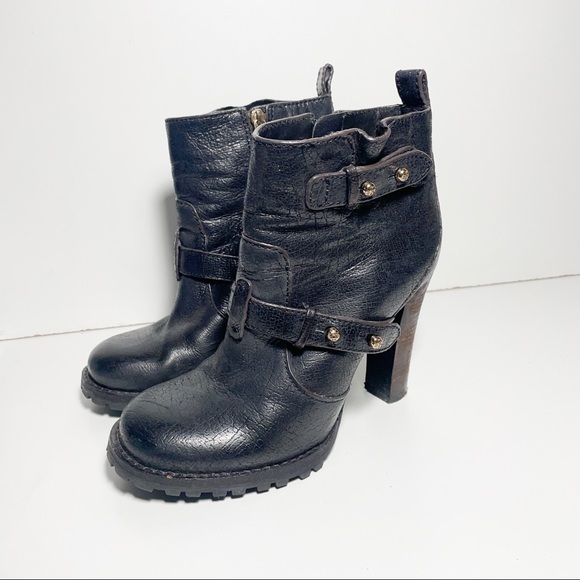 TORY BURCH Leather Moto Bootie Boots Heeled Strap Detail Size 7.5 - Picture 3 of 10